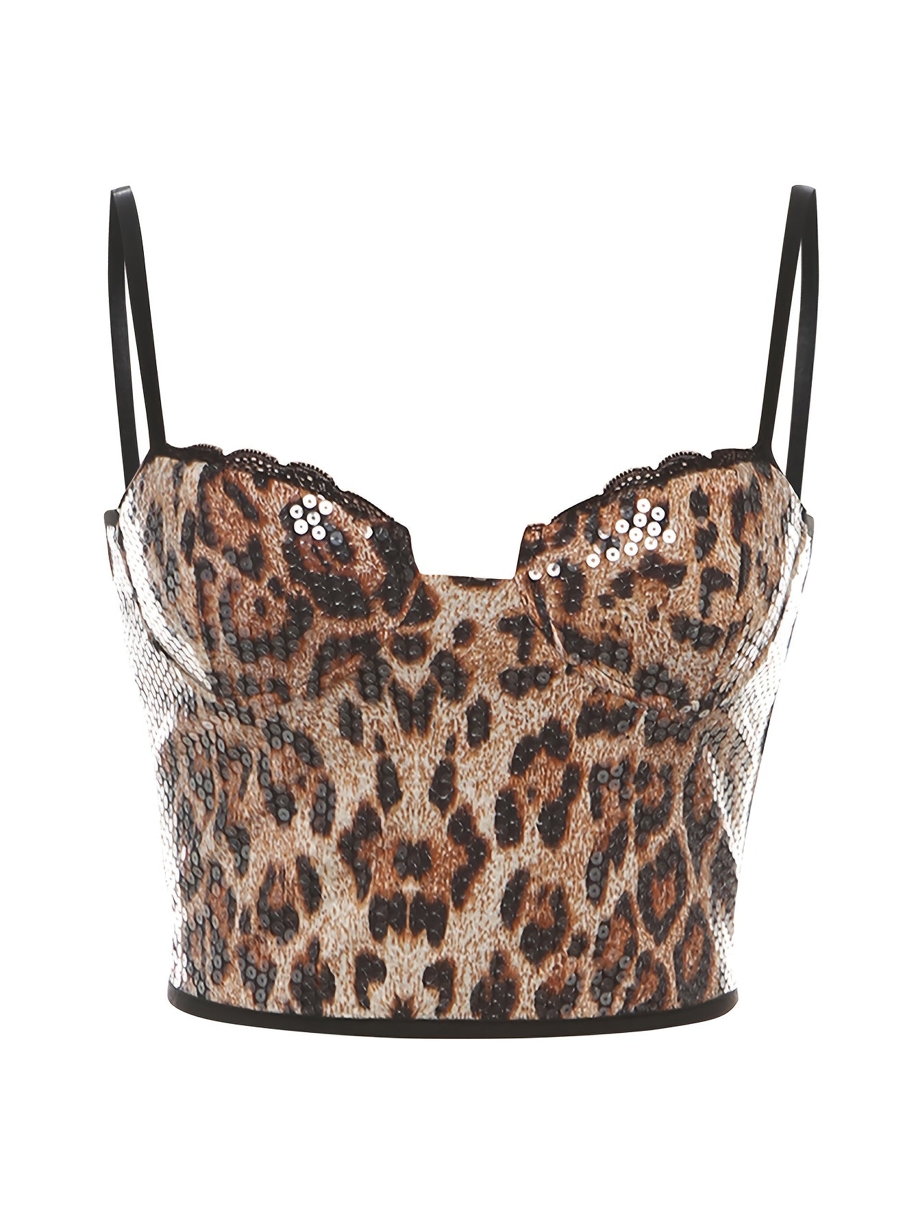 Women'S Sexy Leopard Print Sequin Lace Trim Spaghetti Strap Slingback Camisole, Polyester Knit Fabric, Medium Stretch, Backless, Sleeveless, for Spring/Summer/Fall Casual Wear