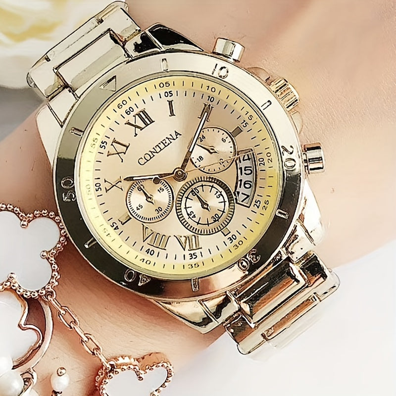 Quartz Watch For Women Stainless Steel Wrist Watch Alloy Pointer With Bracelet Set For Gifts Women daily uses Gifts For Eid