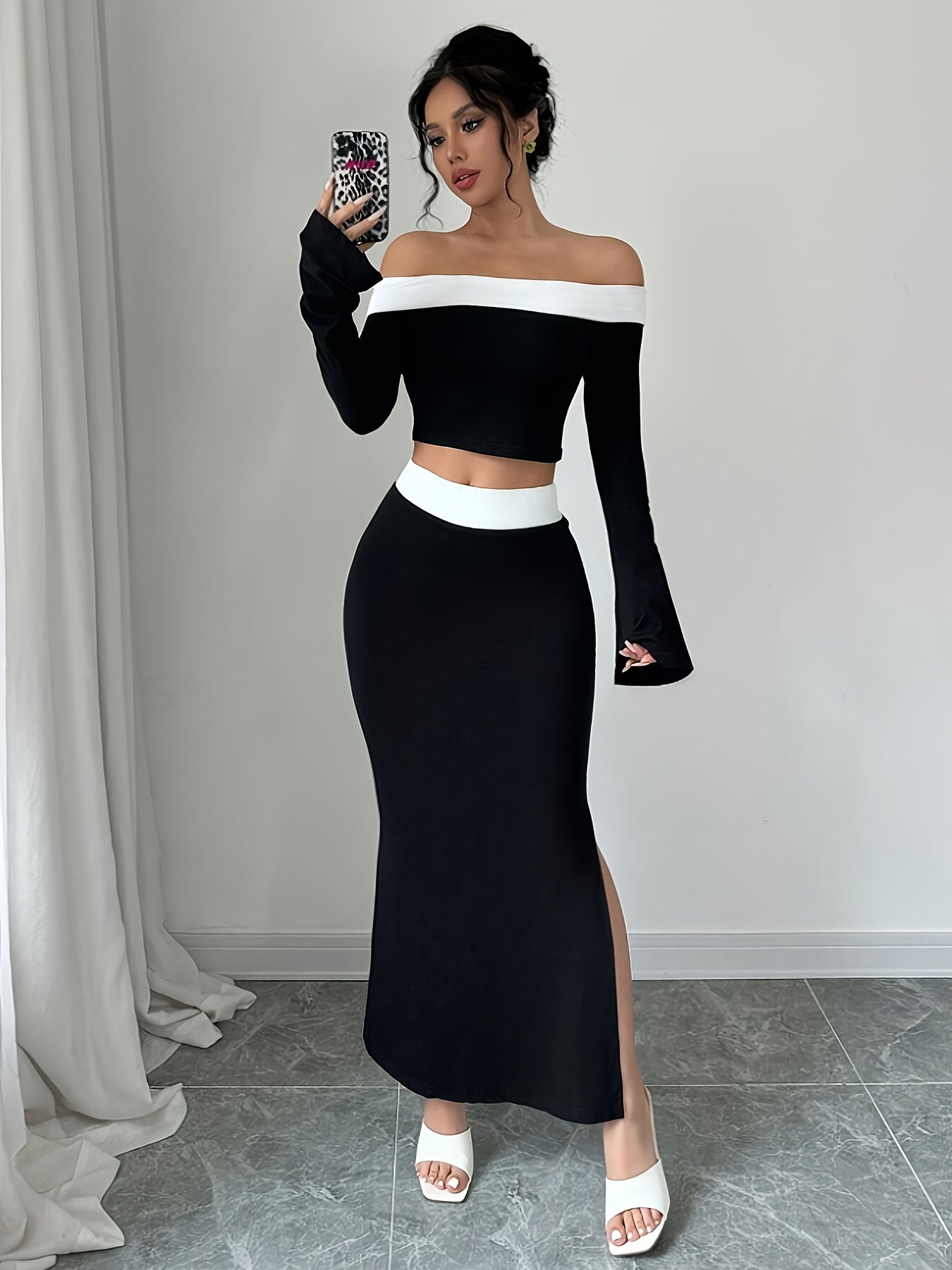 Elegant Off-Shoulder Crop Top & Side-Slit Mermaid Skirt Set - Polyester Blend, Machine Washable