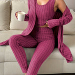New Women's Fashion Suit Round Neck Short Vest Top Knitted Ribbed Slimming Trousers Round Neck Long Sleeve Solid Color Knitted Mid-Long Cloak Cardigan Casual Home Three-Piece Set Versatile Outerwear Fashion Three-Piece Set