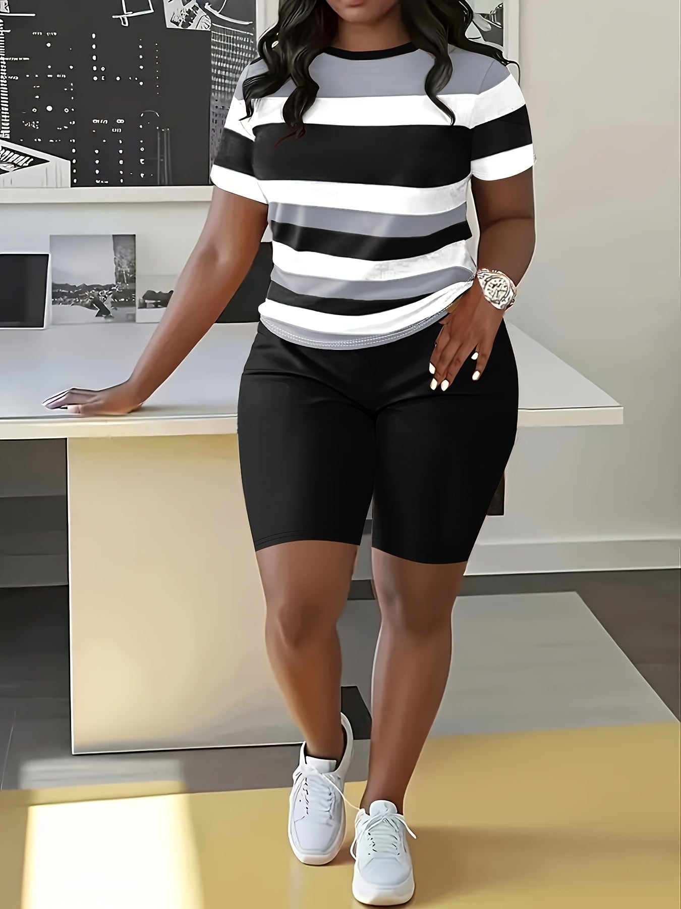 Striped Splicing Spring and Summer Casual Round Neck Short Two-Piece Set