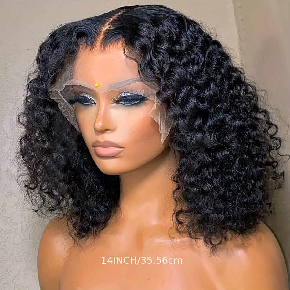 180% Density Water Wave Lace Frontal Short Bob Wig - Lace Wigs for Women with 13x4x1 T Part HD Transparent Lace, Pre Plucked, Natural Color, Middle Part, Water Curly Lace Part