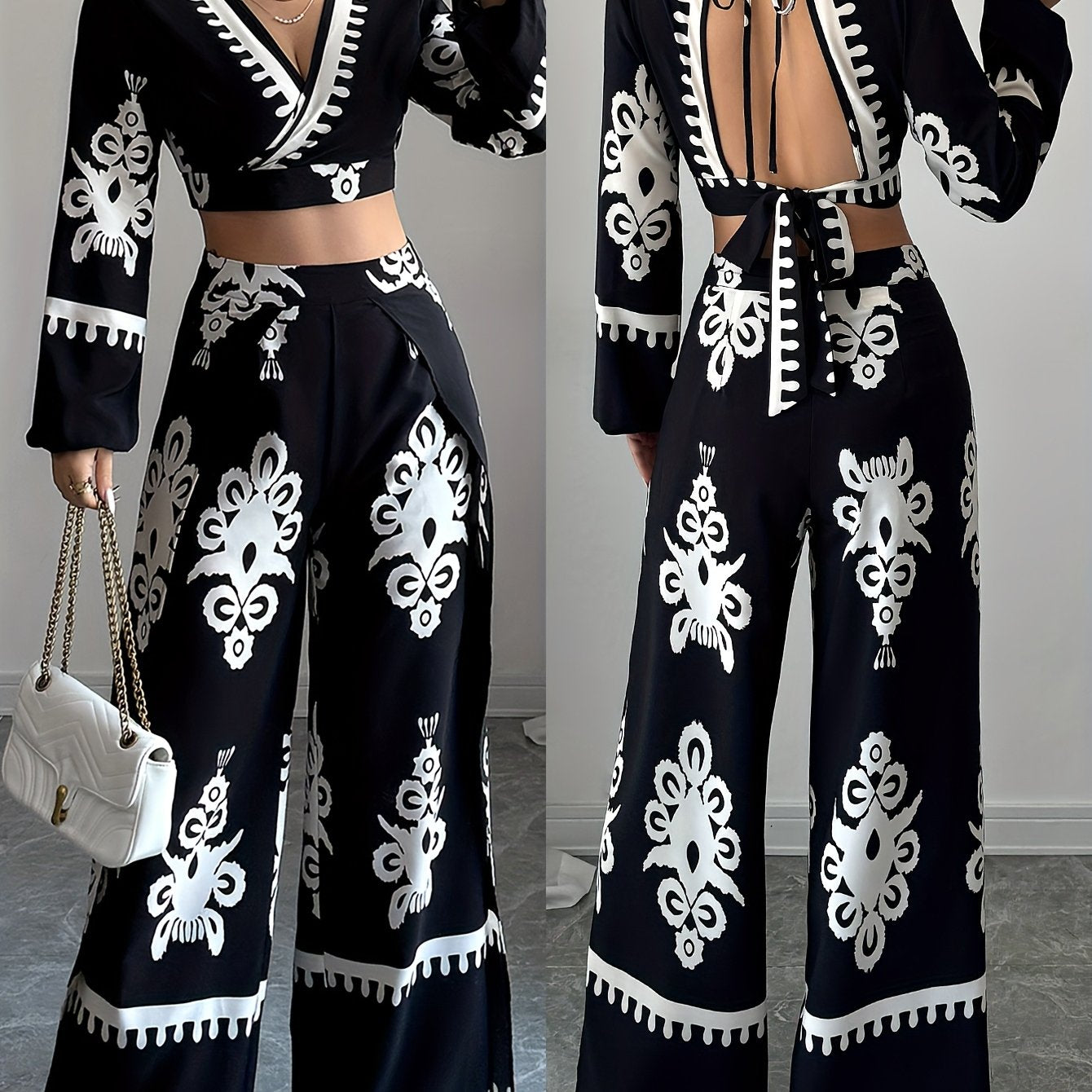 New Stylish Ethnic Patterned Long-Sleeve Top Set with a V-Neck, Backless Design, And Elegant Tie Details for Women.
