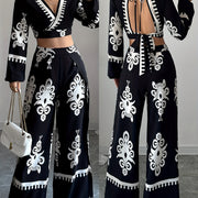 New Stylish Ethnic Patterned Long-Sleeve Top Set with a V-Neck, Backless Design, And Elegant Tie Details for Women.