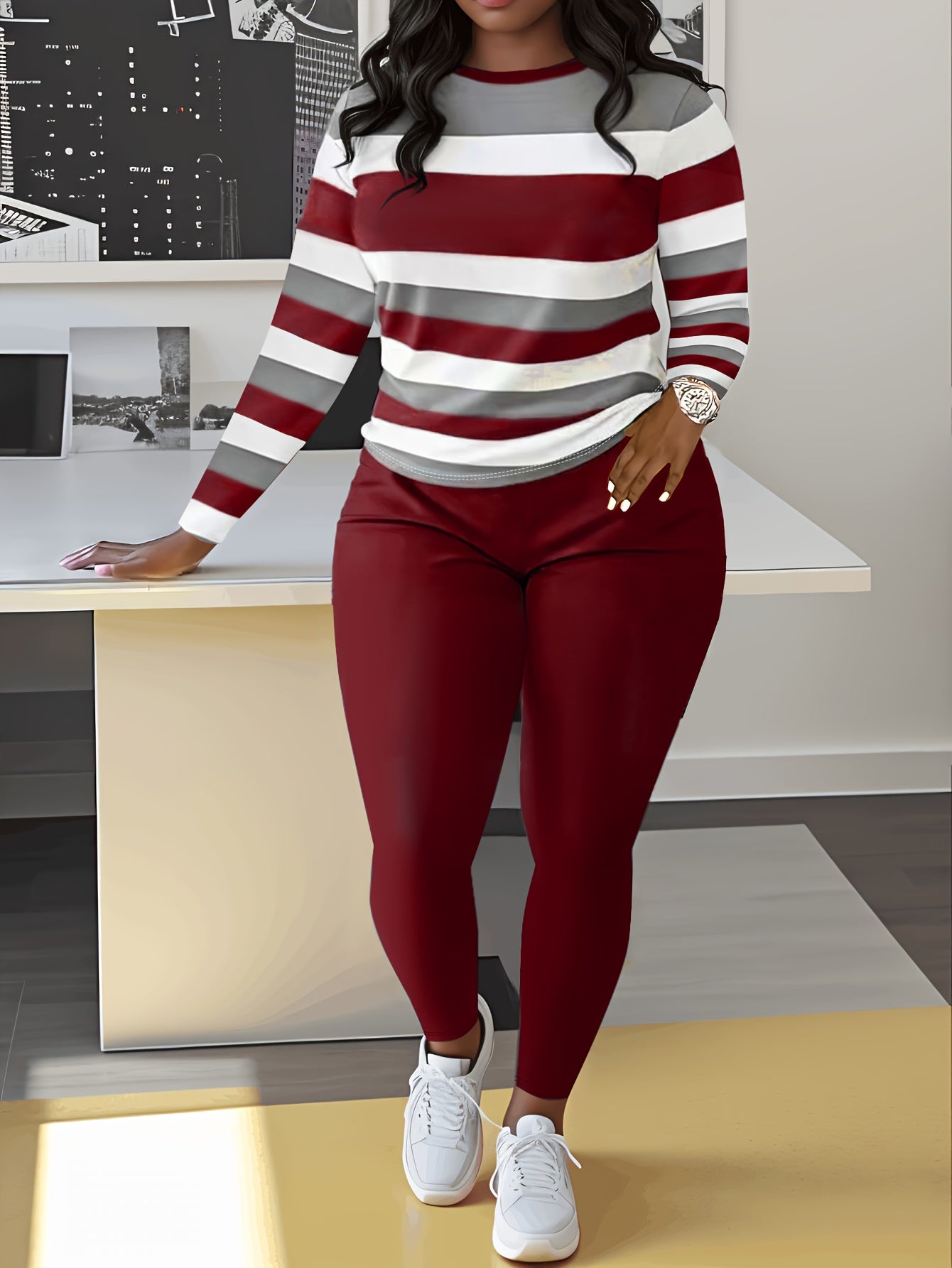 Slim Matching Two-piece Set, Casual Long Sleeve Crew Neck Striped Color Block T-shirt & Solid Elastic Waist Pants Outfits, Women's Clothing