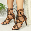 [Everyday Elegance] Women's Leopard Print High Heel Mesh Booties, Lace-Up & Back Zip Design, Breathable Peep Toe Stiletto Shoes for Casual Attire, Dressy Shoes