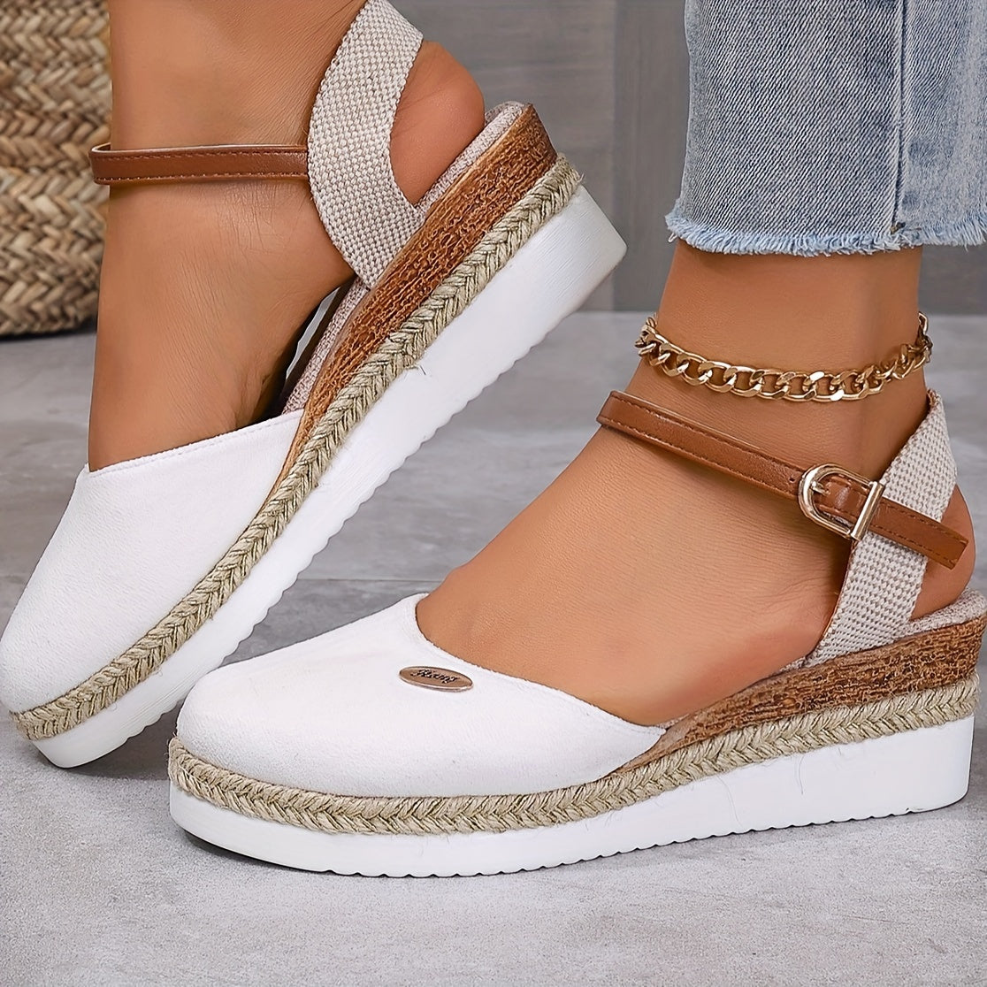 [Colorblock Platform Sandals Women's] Women's Colorblock Platform Sandals, Ankle Buckle Strap Comfy Slingback Shoes, Versatile Closed Toe Wedge Shoes