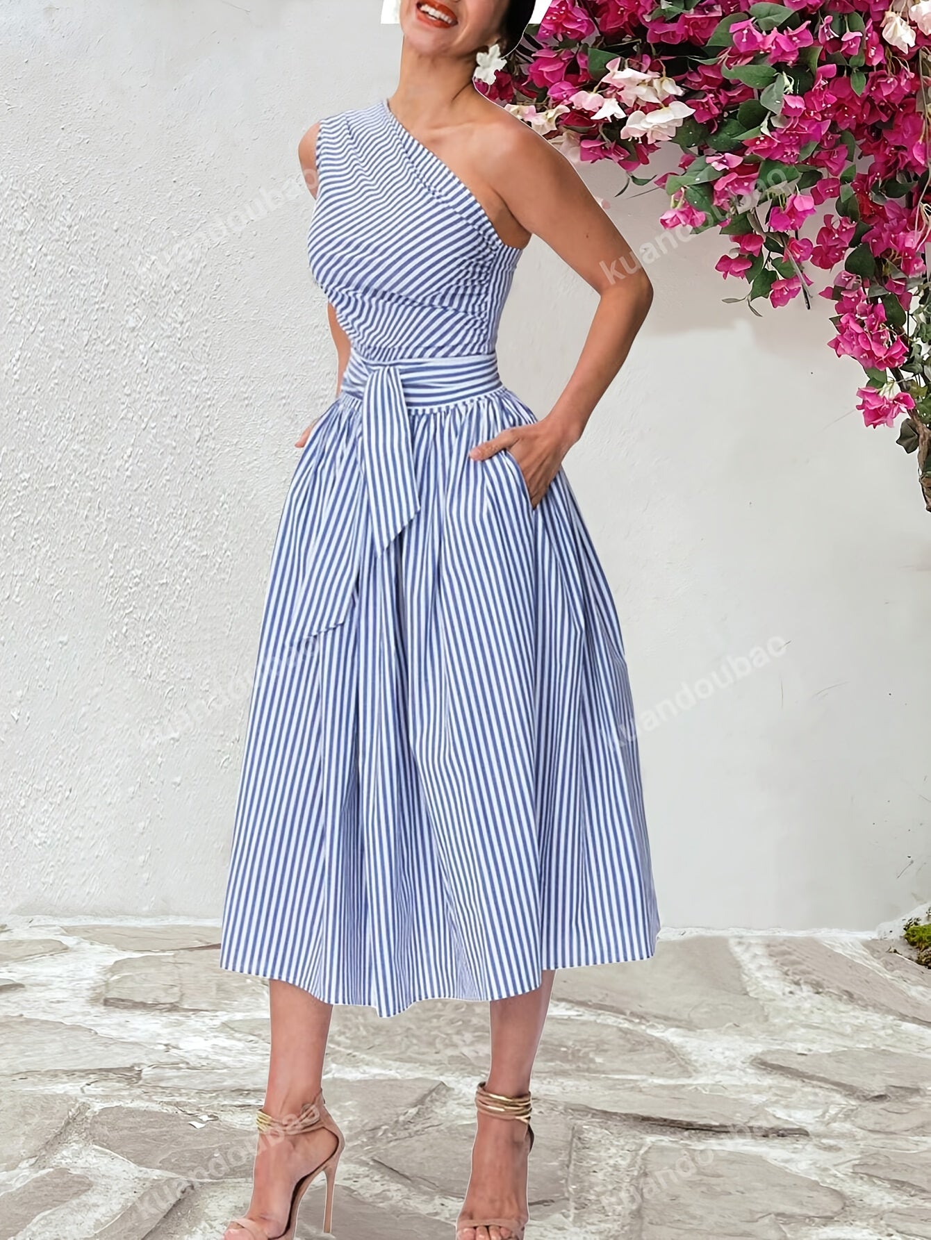 Women'S Casual Loose Fit Striped Sleeveless Dress with Belt, Off the Shoulder Collar, Side Pockets - Perfect for Spring/Summer