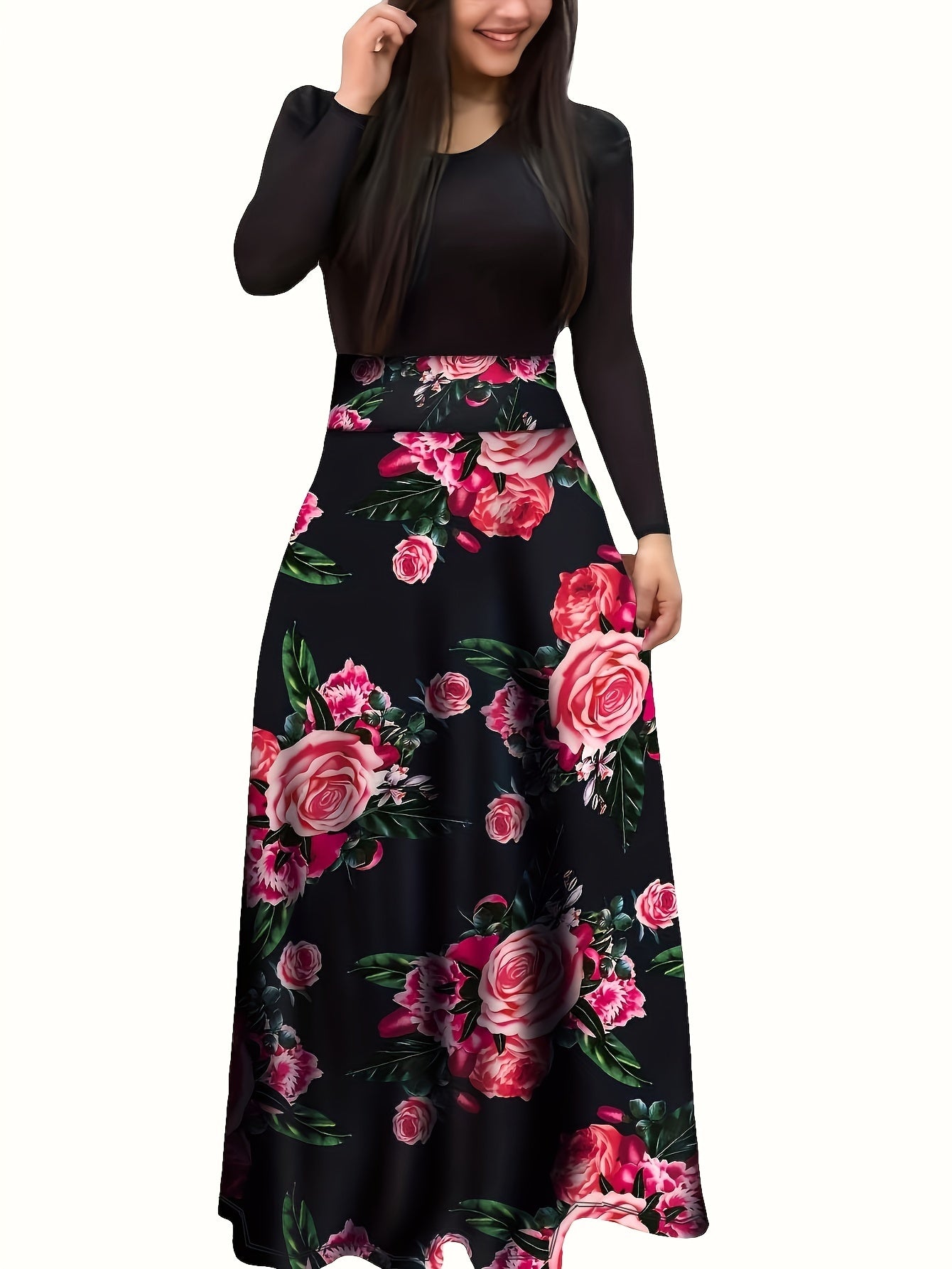 Stunning Floral Print Maxi Dress - Women's Elegant Long Sleeve Crew Neck Splicing Dress for Spring & Fall - Perfect for Various Occasions