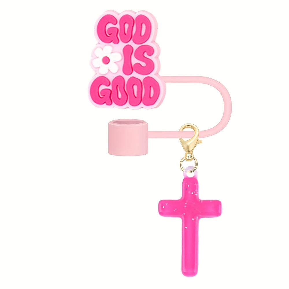 Shiny Pink Words Design Portable Straw Lid with Charm - Cup Tumbler Accessories - Beverage Cup Topper with Clip-On Bling Butterfly Ornament, 1.8in Diameter, Cute and Functional Sports Water Bottle