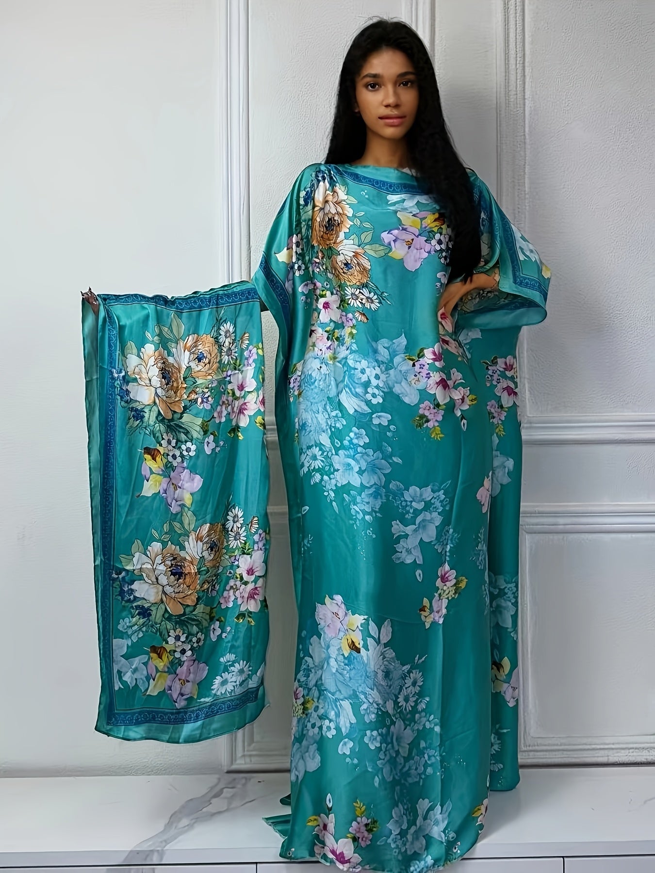 WINYI Women'S Long Kaftan Dress, Polyester 100% Crew Neck Tunic with Belt, Loose Fit All Over Print, Middle Eastern Bohemian African Style, Beach Cover Up, Elegant Evening Abaya for Dubai, Spring/Summer Collection