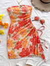 Women's Middle Eastern-Inspired Off-Shoulder Strapless Mesh Dress with Adjustable Side Drawstring Hem & Irregular Floral Print - Semi-Sheer All-Season Machine Washable Elegant Casual to Formal Wear, Beach Coverup, Flowy Const