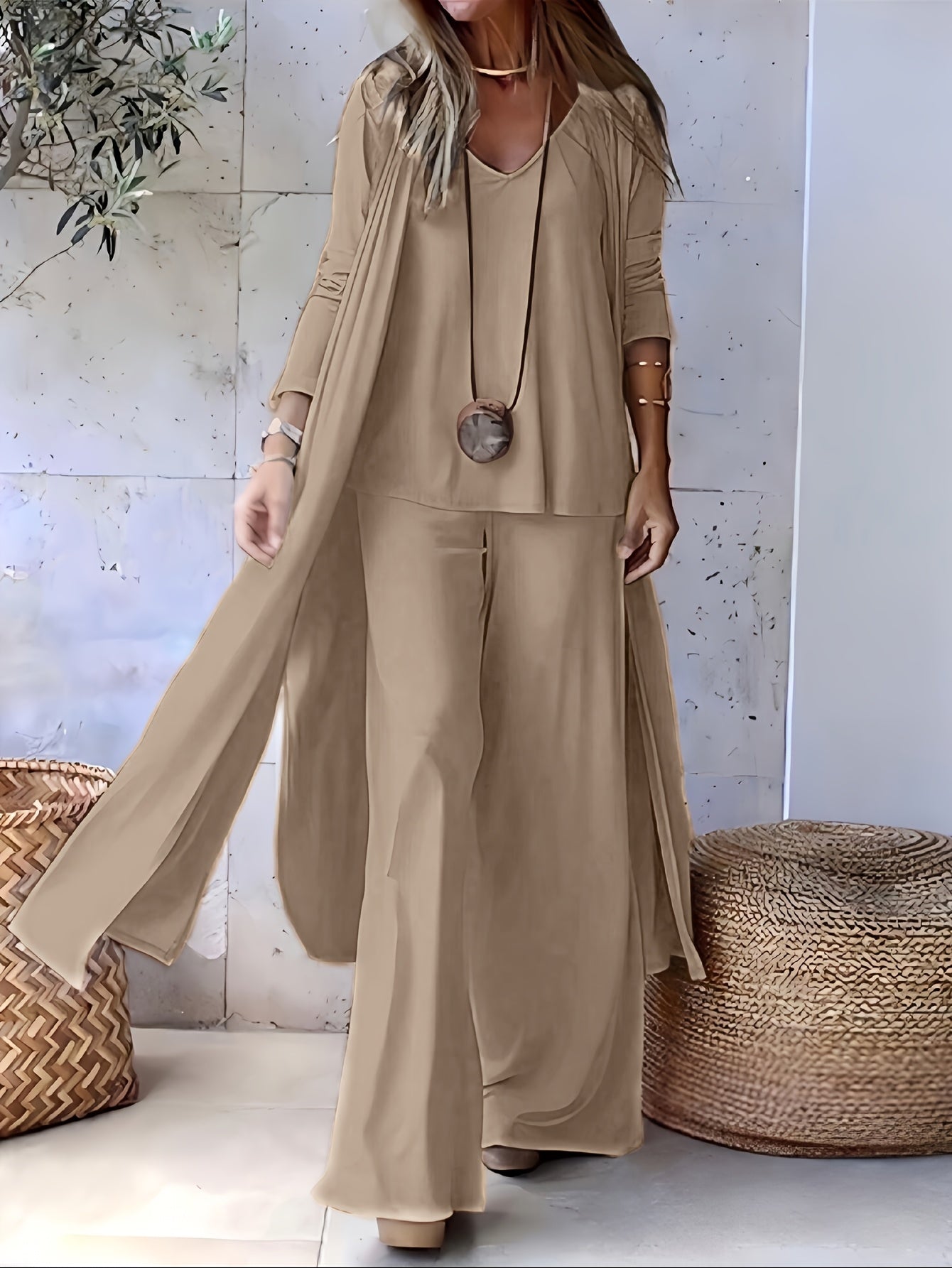 Casual and Fashionable Simple Solid Color with Draping Sensation Sleeveless V-Neck Cardigan with Long Sleeves and Extra Long Side Slits Knitted Cardigan with Elastic Waist and Wide Leg Trousers