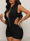 Women Sexy Hollow Out Side Lapel Sleeveless Zipper Jumpsuit