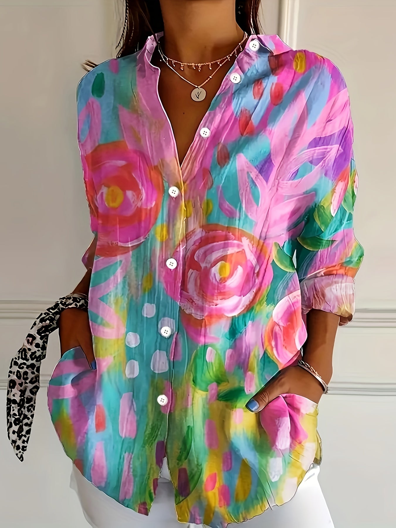 Vibrant Floral Print Women's Button-Up Shirt - Long Sleeve, Collared, Lightweight Spring/Summer Blouse in Pink, Blue, Yellow & Green, Ladies Blouses