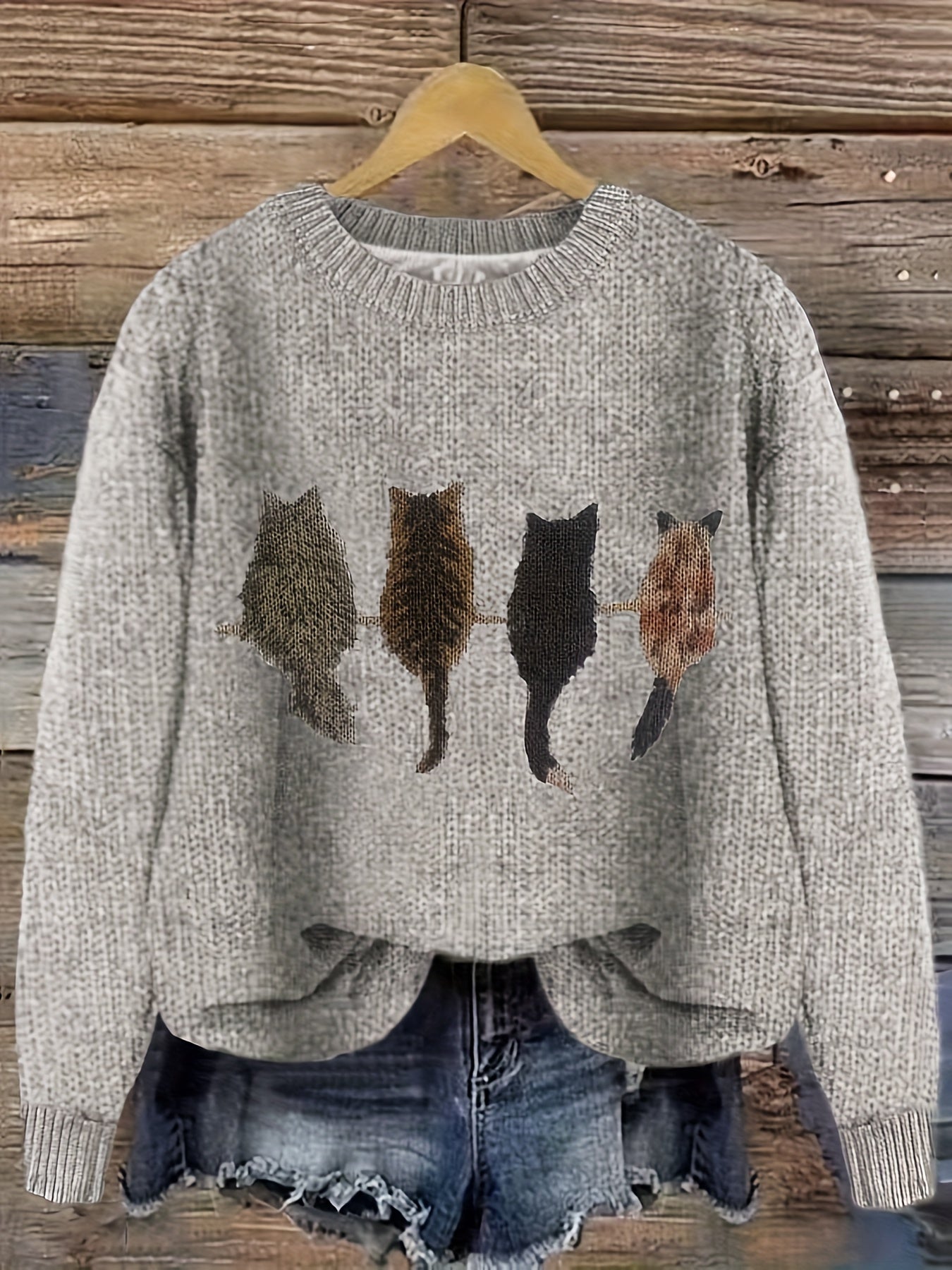 [Casual Cat Print Sweater] Color Block Cat Print Crew Neck Knit Sweater - Loose Fit Pullover - 100% Polyester - Women's Casual for Fall/Winter