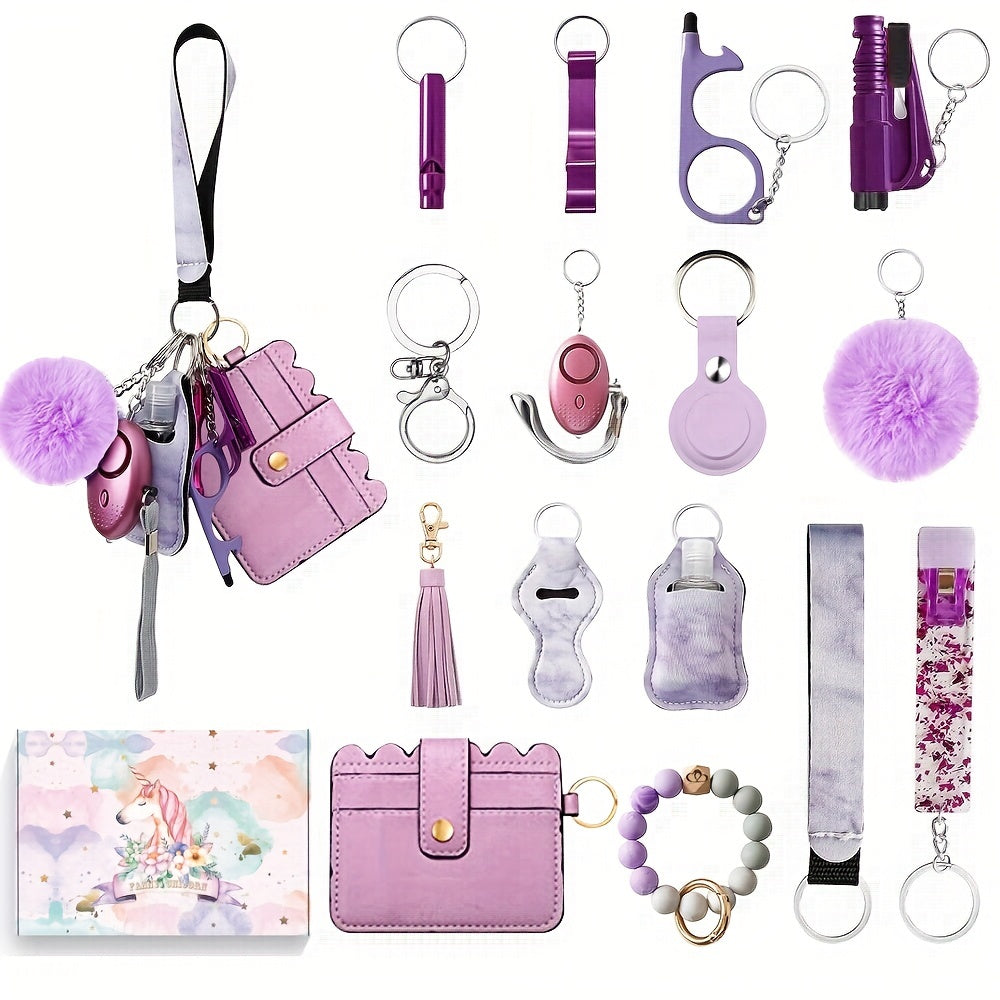 17pcs Women'S Safety Keychain Set with Personal Alarm, Friendship Love Theme, Oblong Shape, Snap Hook Closure, Floating Feature, Button Battery Included, Ideal Holiday Gift