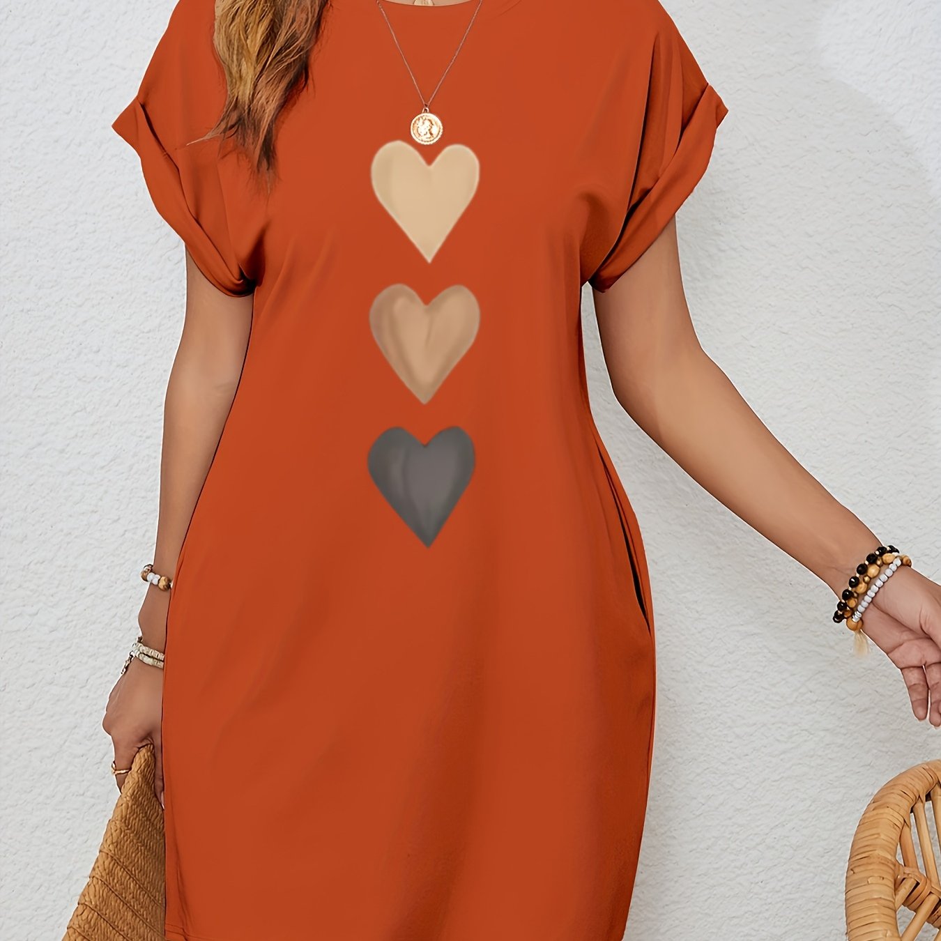 Everyday Women's Casual Heart Print Batwing Sleeve Dress with Hidden Pockets - Beige Color, Polyester Fabric, Round Neck, Machine Washable, Spring/Summer/Fall Style, Cozy Long Sleeve Knitted Dress