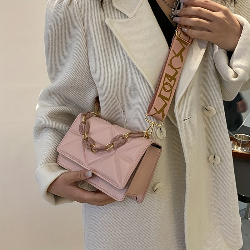 Women's Fashion Chain Shoulder Bag - Quilted Rhombus Crossbody Purse, Faux Leather, Casual Style, Versatile for Daily Commute, Parties, and Outings, Magnetic & Button Closure, Polyester Lining, Adjustable & Replaceable Strap,
