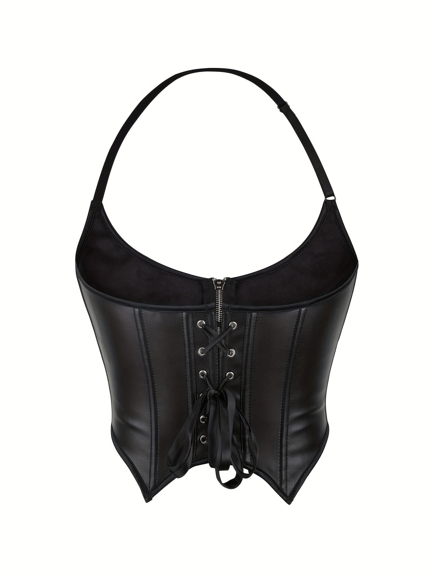 Lace Up Faux Leather Halter Neck Top, Stylish Backless Corset Crop Top, Women's Clothing For Y2K/Grunge Style