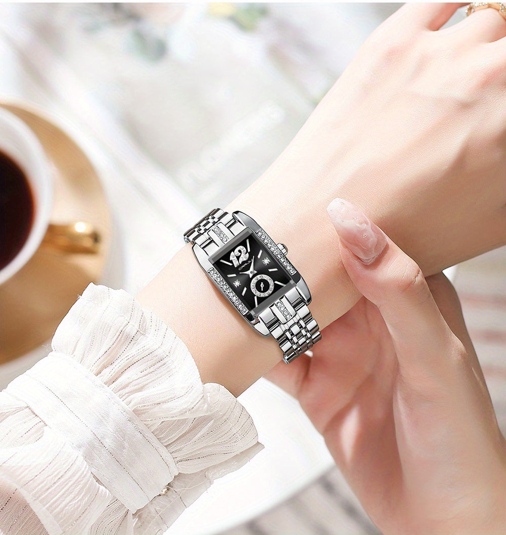 Stainless Steel Women's Luxury Watch, Elegant Rectangle Pointer Analog Quartz Rhinestone WR Wrist Watch