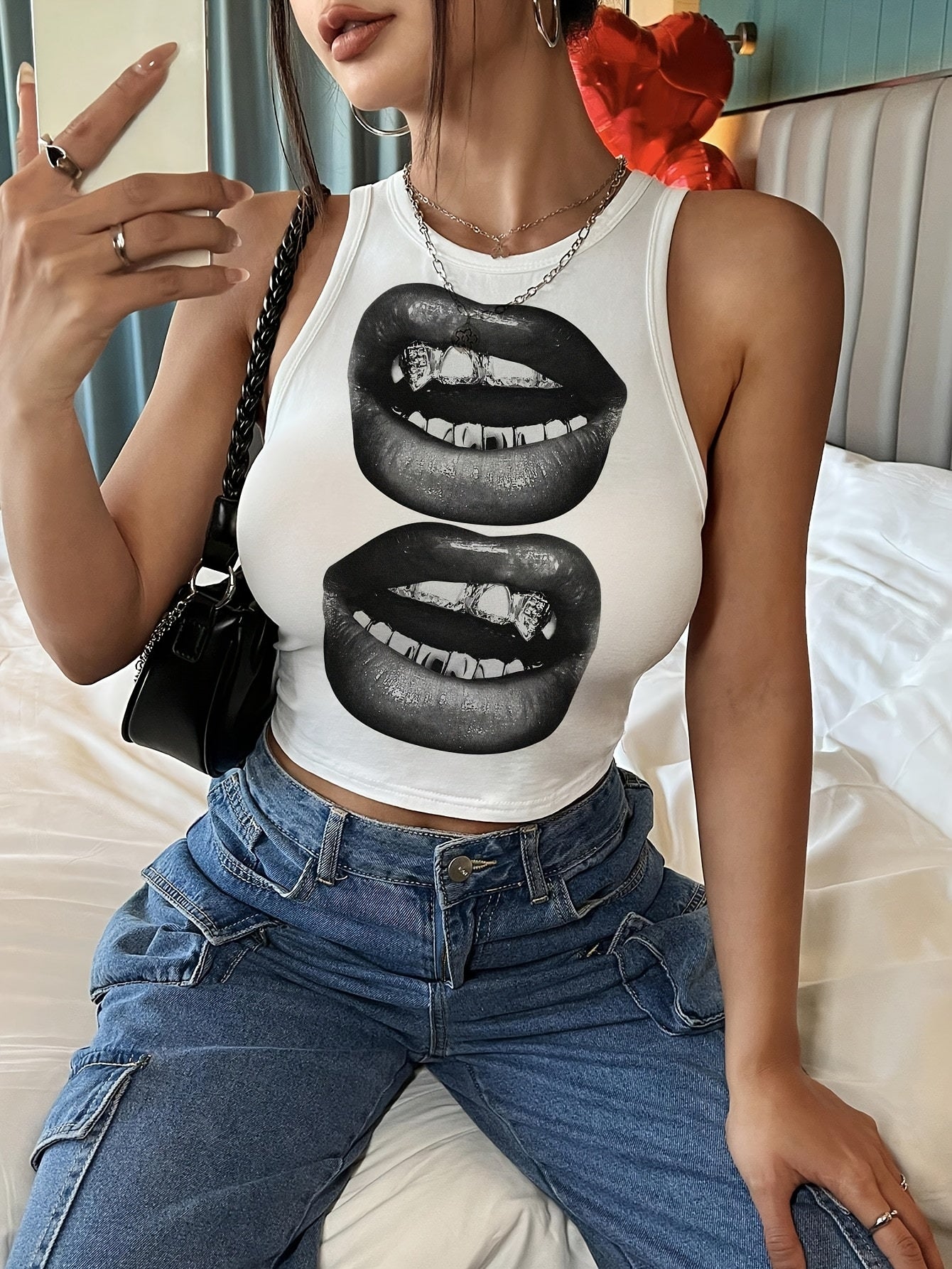 Women's White Cropped Tank Top with Black & White Lip Print - Semi-Sheer Summer Casual Top, Relaxed Fit Round Neck, Machine Washable, Ladies Tank Tops, Playful Lip Design, Semitransparent Material, Everyday Outfit, Breathable