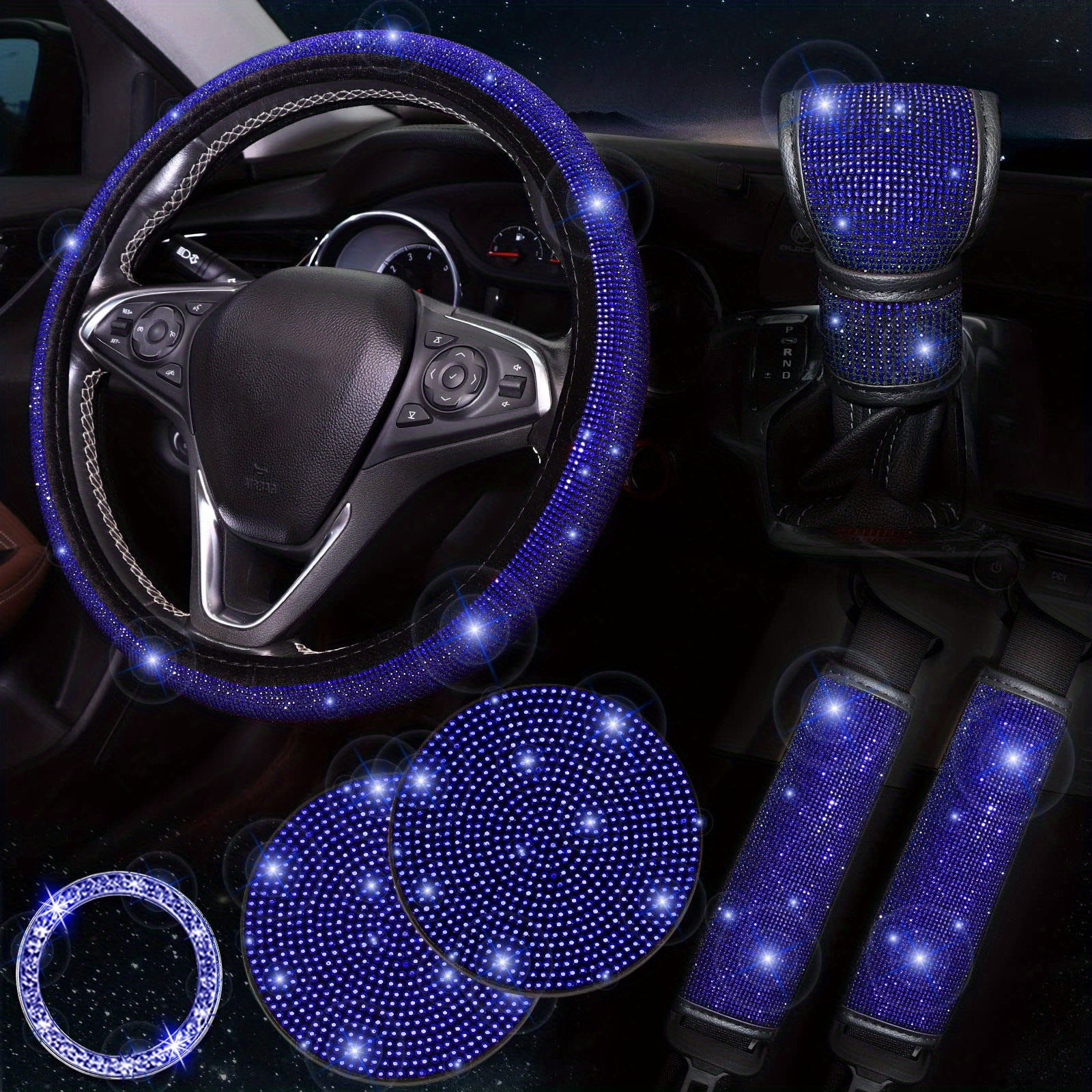 Bling Car Accessories For Women, Bling Steering Wheel Cover Bling Car Coasters Bling Set Seat Belt Shoulder Pads Ring Emblem Sticker Gear Shift Cover