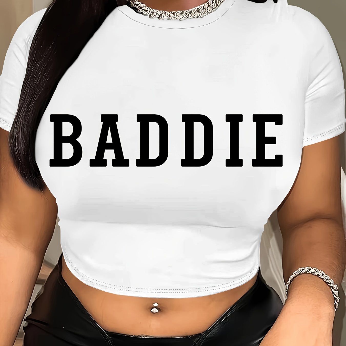 Letter Print Crew Neck Crop T-Shirt, Casual Short Sleeve T-Shirt For Spring & Summer, Women's Clothing