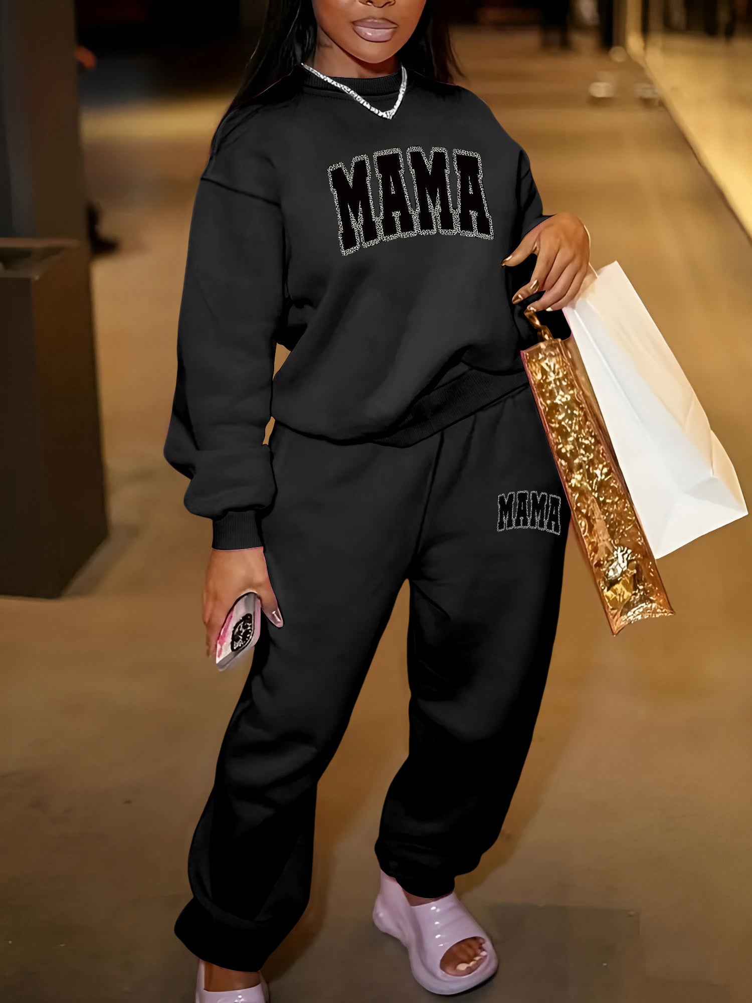 1set Women'S Casual Crew Neck Sweat Suit, Polyester Knit Fabric with Alphabet Pattern, Long-Sleeve Sweatshirt and Sweatpants Set for Fall/Winter