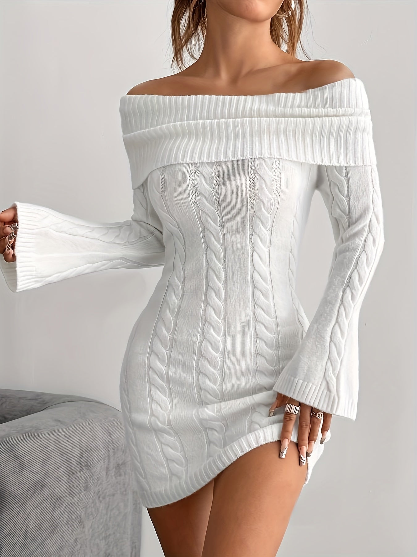 1pc Elegant Off-Shoulder Knit Polyester Sweater Dress - Solid Color Fashion Casual Style with Cable Pattern