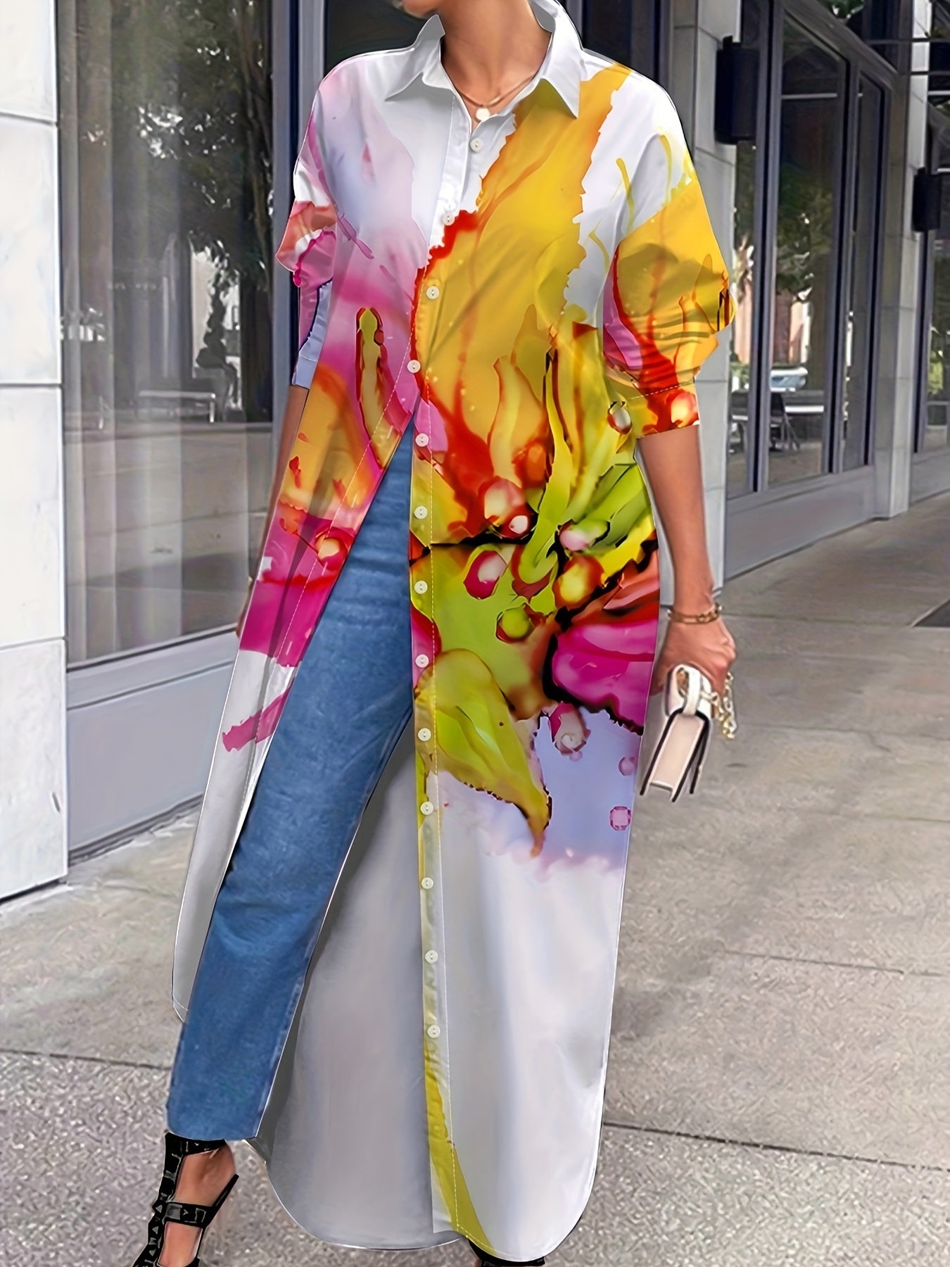 Floral Print Long Sleeve Shirt Dress - Polyester, Button Closure, Casual Style, Suitable for All Seasons