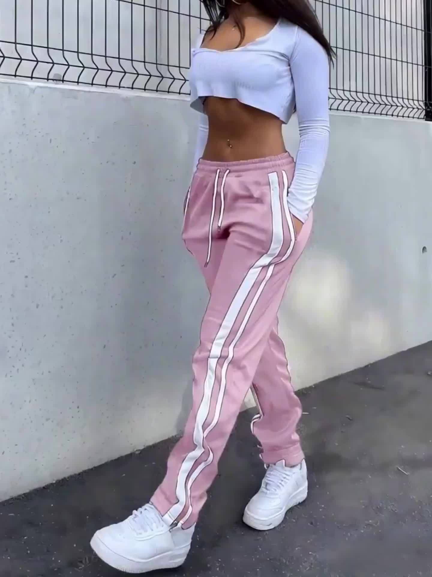 Women's High-Waisted Striped Joggers - Pink & White Vertical Stripe Design, Drawstring Waist, Casual Athletic Pants, Lightweight Polyester, Spring/Summer Collection, Sporty Joggers | Drawstring Joggers | Comfortable Waistband