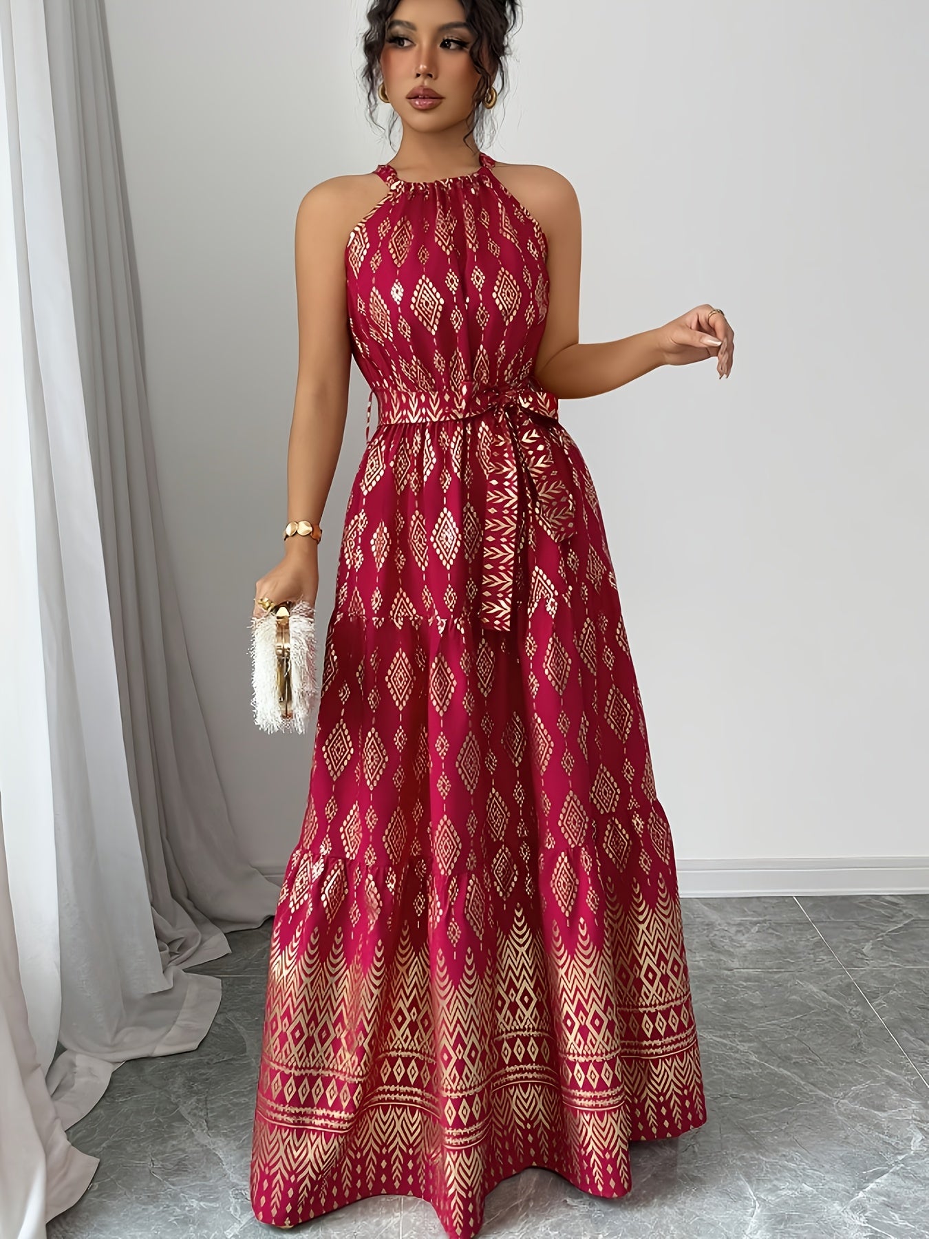 Women's Red Geometric Print Halter Neck Sleeveless A-Line Maxi Dress - Tie Waist, Vacation Style, Lightweight Polyester for Spring/Summer