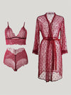 4pcs Romantic Pajama Set - Floral Polka Dots Deep V 3/4 Sleeve Bow Knot Split Soft Stretchy Long Loose Ultra Thin Gauze Nightgown With Belt & Hollow Lace Mesh Bra & Panties - Perfect For A Romantic Evening