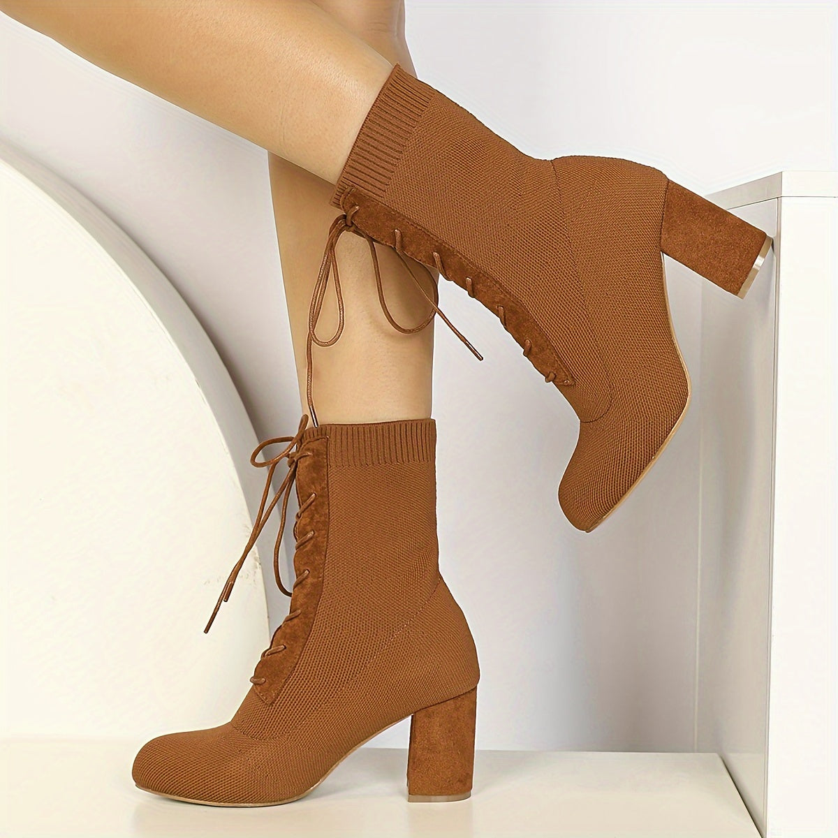 Women's High Heeled Boots with Thick Heels And Fly Woven Uppers, Tied Straps, Thick Heels, Round Toe, And Midsole Boots Are Fashionable And Suitable for Daily Wear