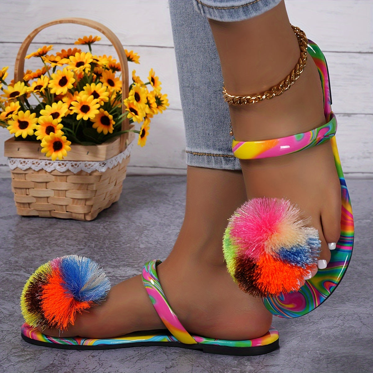 Colorful Ball Toe Striped Fashion Style Elegant Women's Summer Flat Slippers