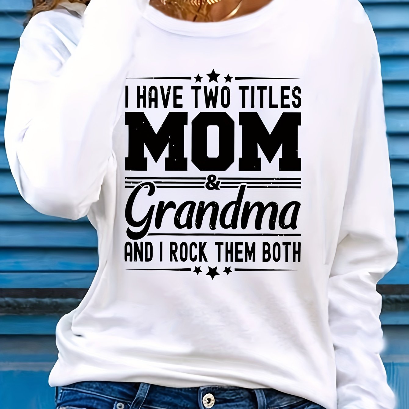 Women'S Long Sleeve Crew Neck T-Shirt with "Mom & Grandma" Letter Print, Casual Polyester Top for All Seasons, Knit Fabric with Medium Stretch, Regular Fit - Applique Detail