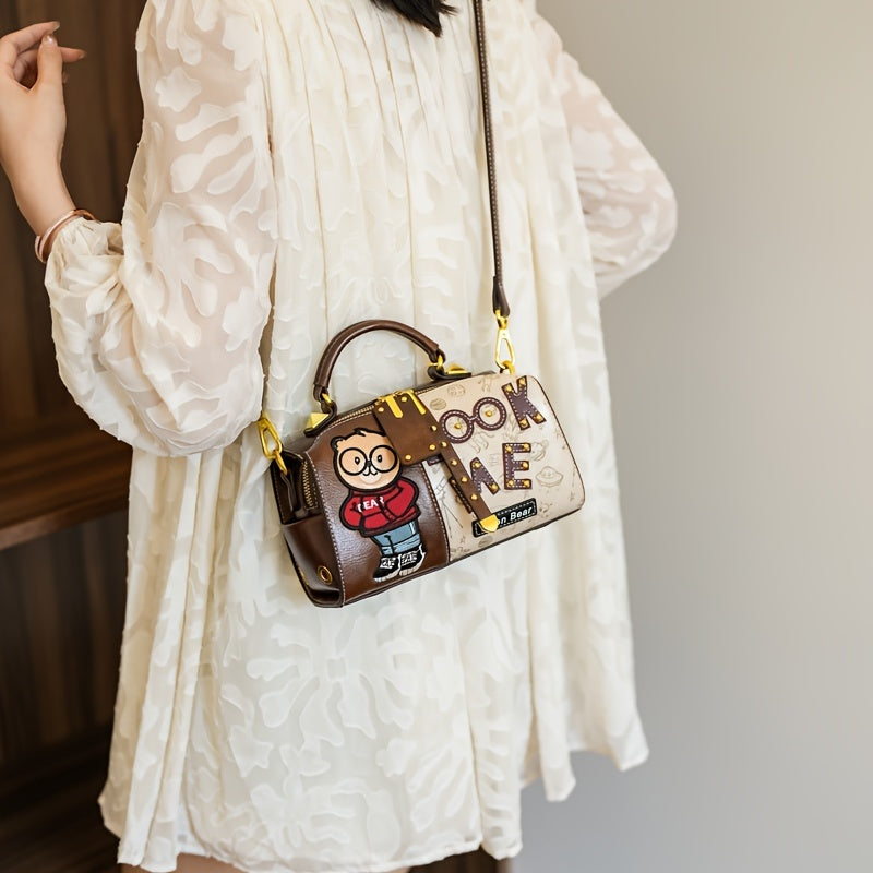 Vintage Cartoon Bear Print PU Leather Shoulder Bag with Embroidered Detail, Removable Strap, Zipper Closure, Polyester Lined, Animal Print Design, Edge Painted Boston Handbag