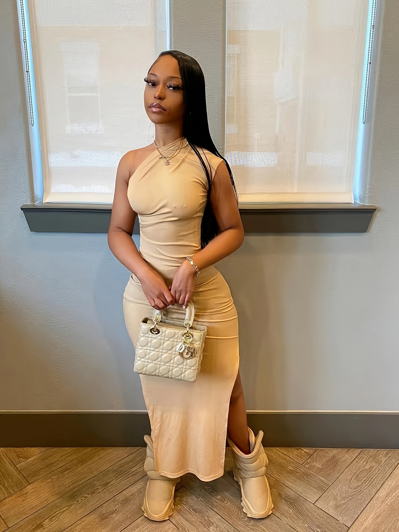 Elegant Off-Shoulder Split Hem Dress - Chic Beige Bodycon with Stretch, Machine Washable for Spring/Summer/Fall Events