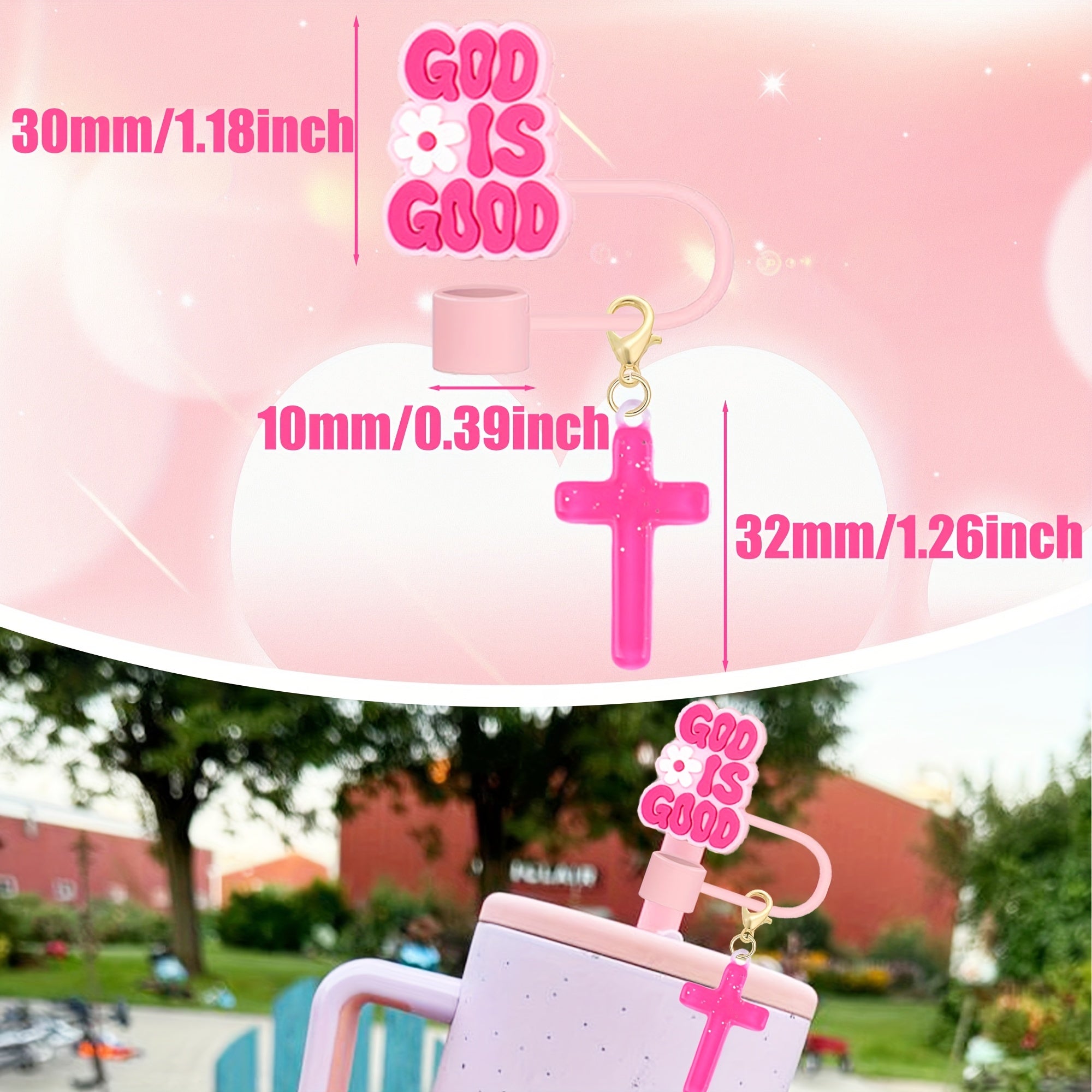 Shiny Pink Words Design Portable Straw Lid with Charm - Cup Tumbler Accessories - Beverage Cup Topper with Clip-On Bling Butterfly Ornament, 1.8in Diameter, Cute and Functional Sports Water Bottle