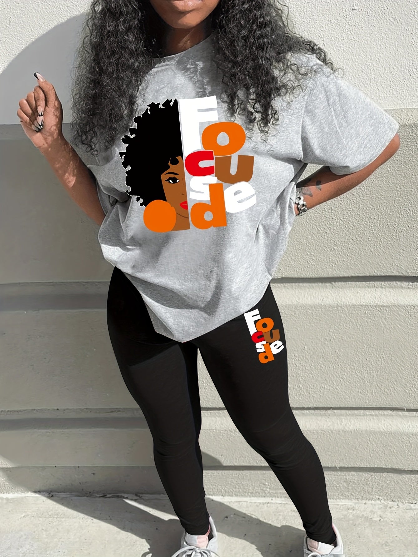 graphic print two piece set, short sleeves & pants, Women's clothing