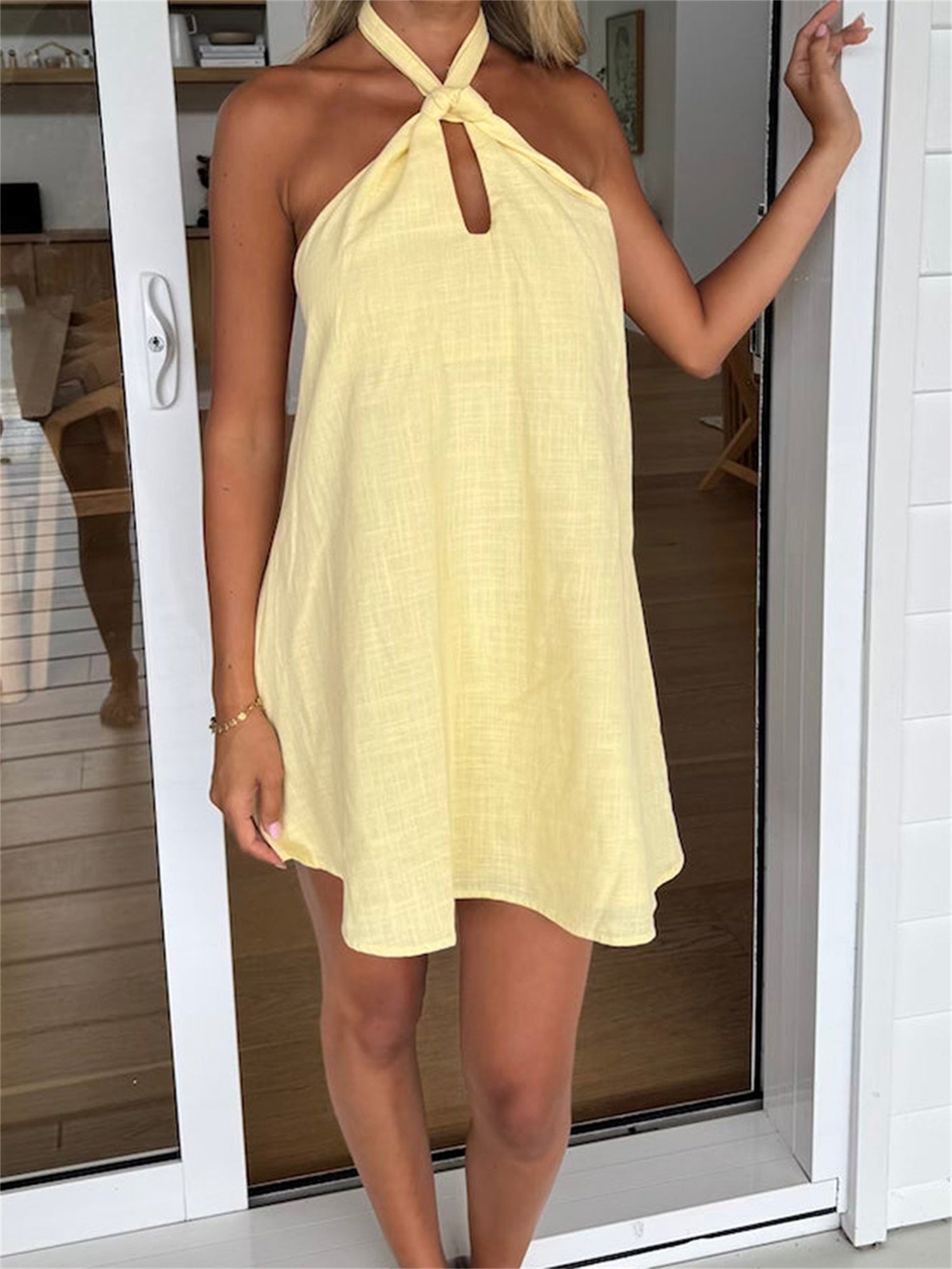 Women's Boho Floral Halter Neck Dress - Open Back Tie-Up Waist Sleeveless Mini Dress with Pink Flowers on White, Lightweight Summer Casual Beach Dress, Machine Washable, Beach Dresses, Festive Occasion Attire, Nontransparent