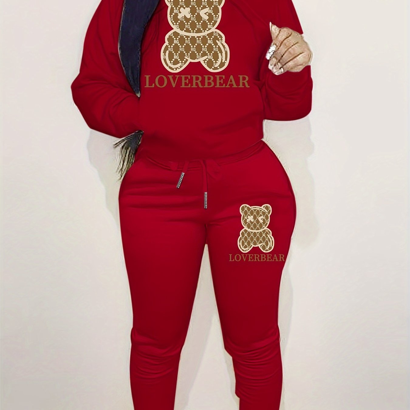 Cartoon Bear Print Two-piece Set, Drawstring Long Sleeve Hoodies & Workout Jogger Pants Outfits, Women's Clothing