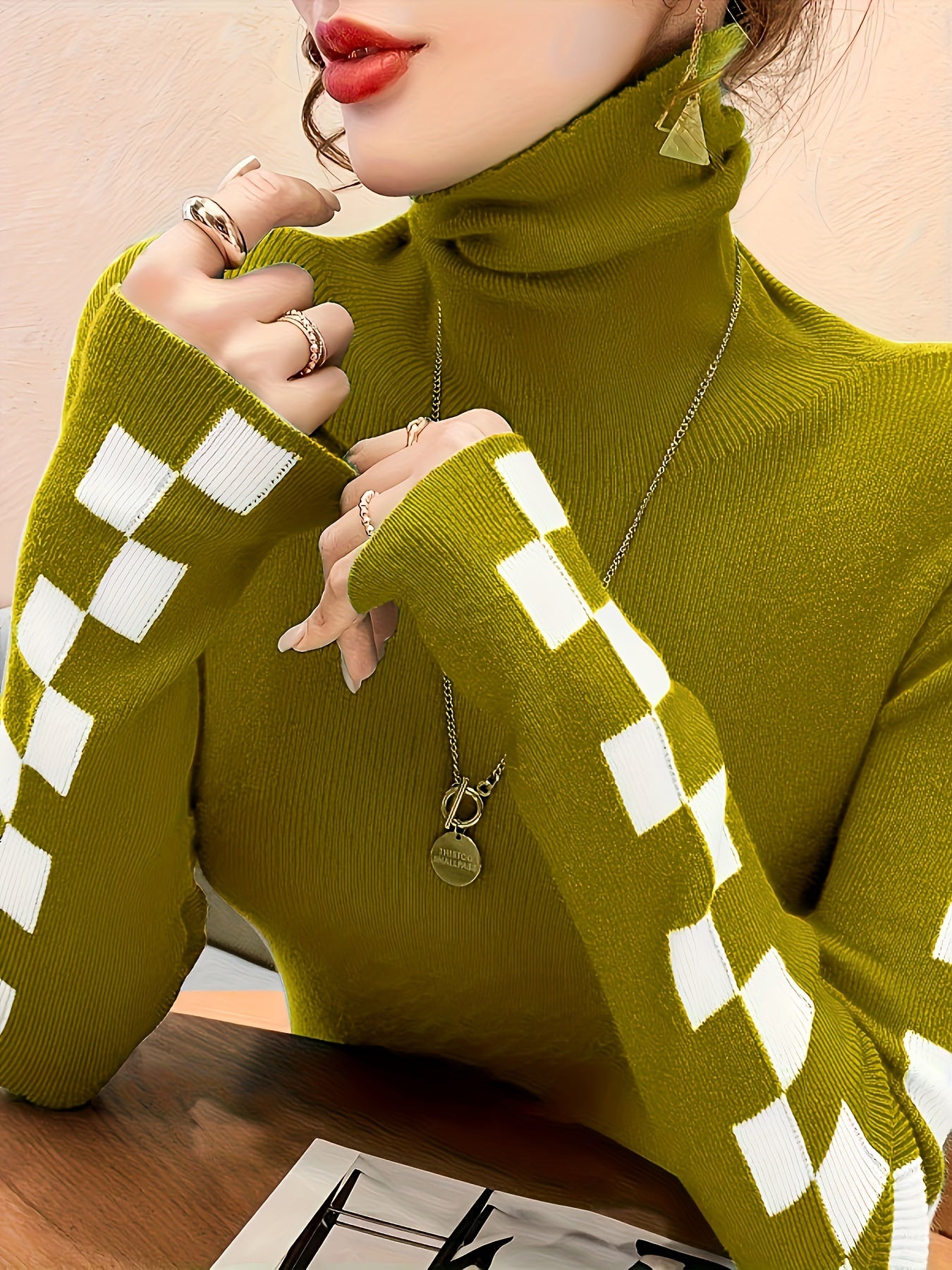 Elegant Red & White Checkered Turtleneck Sweater for Women - Slim Fit, Casual Knit Pullover with Contrasting Trim, Perfect for Fall/Winter