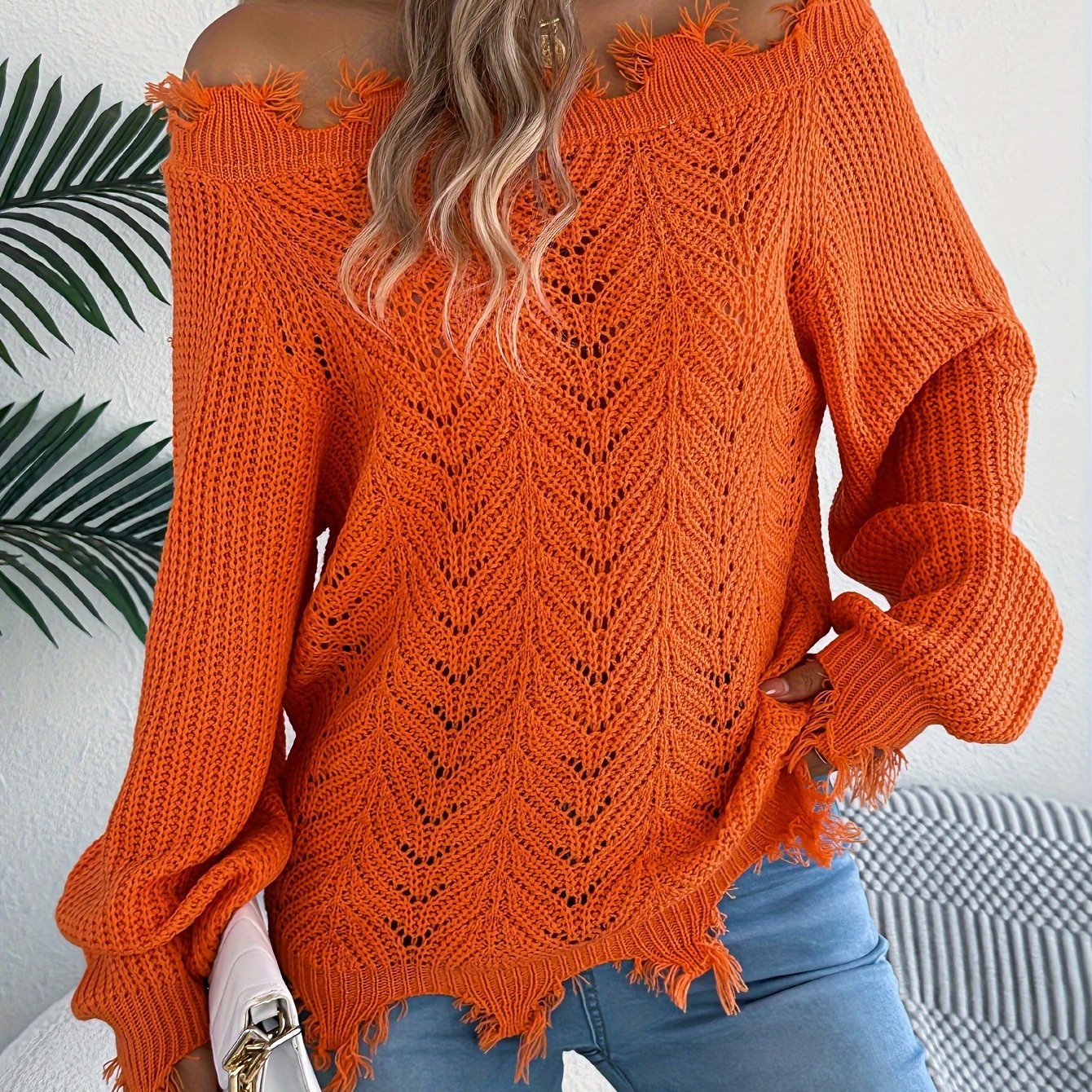 For Fall & Winter, Long Sleeve Solid Color Off Shoulder Casual Sweater, Women's Clothing