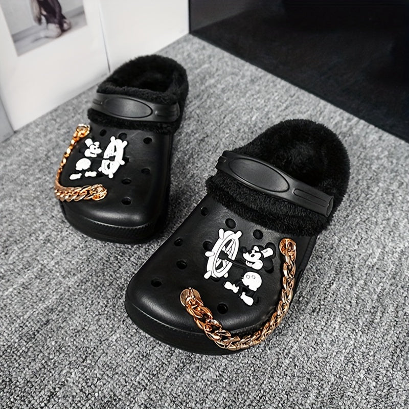 Women's Winter Thermal Clogs – Cartoon Pattern, EVA Sole, Fabric Liner, Golden Chain Detail
