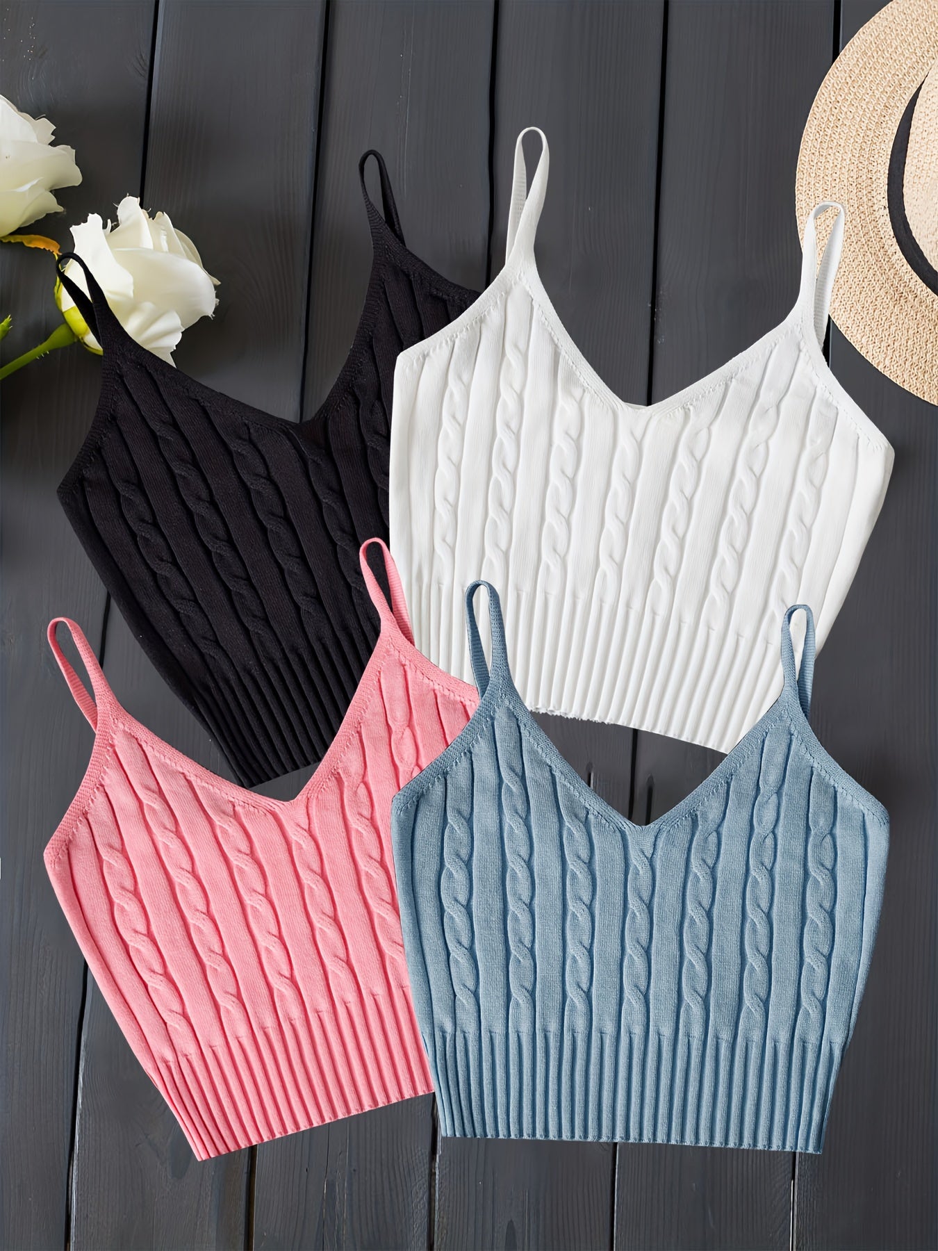 Valentine's Day 4 Packs Cable Knit Cami Tops, Versatile Crop V Neck Summer Sleeveless Cami Tops, Women's Clothing
