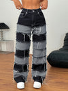 Women'S Patchwork Denim Jeans - Cotton Blend Straight Leg Long Pants, Street Style, Non-Stretch Woven Fabric, with Frayed Hem, Zipper Fly, Pocket Detail, for Casual Weekend Wear