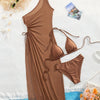 Women's 3pcs Brown Bikini Set with One-Shoulder Ruched Top, High-Waisted Bottoms & Sheer Side-Slit Cover-Up Dress - Elegant Beachwear in Stretchy Polyester/Elastane Blend, Beachwear Essentials|Tankstyle Dress|Stretchy Fabric,