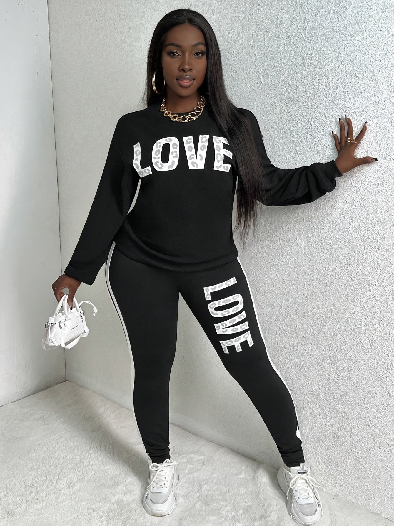 Women Casual Leopard & Letter Print Short Sleeve Top And Pants 2pcs Sports Set